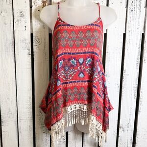 Love Boho Paisley Crochet Fringe Tank Top Size Large Hippie Whimsical Festival
